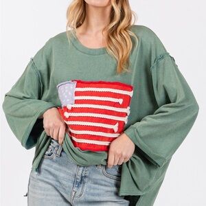 Sage & Fig USA Flag Patch Half Sleeve Top Sage Green 1X 2X 3X